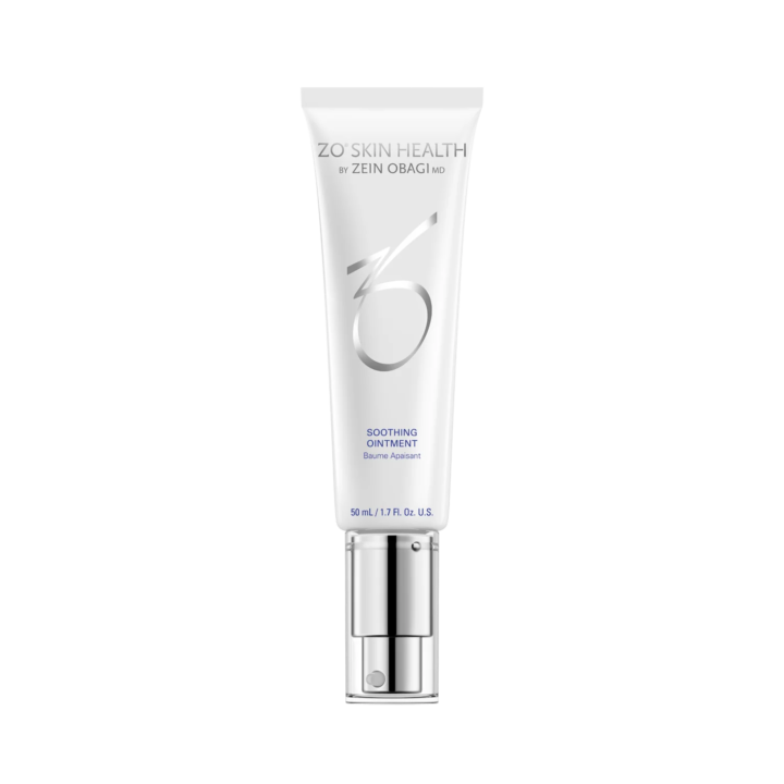Un tube blanc de pommade apaisante ZO Skin Health avec un bouchon argenté, présentant une marque minimaliste et un grand "Z", contenant 50 ml (1,7 oz liq.) de produit.
