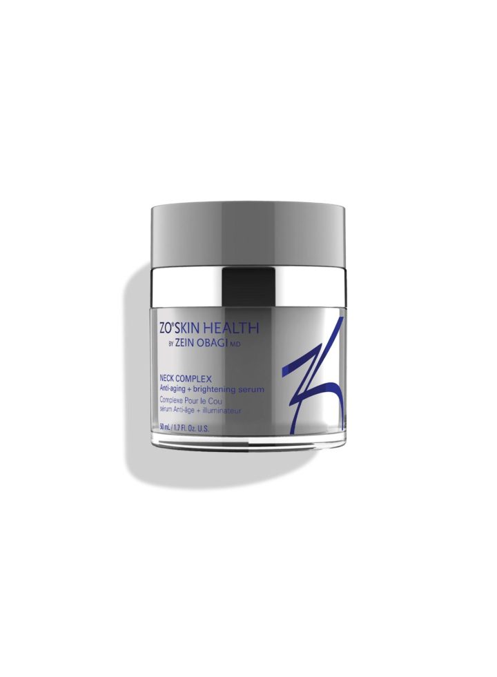 Un pot argenté et blanc de ZO Skin Health by Zein Obagi MD Neck Complex, un sérum anti-âge et éclaircissant, représenté à la verticale avec une ombre sur un fond blanc.