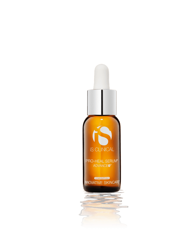 Un flacon compte-gouttes en verre ambré étiqueté "iS Clinical Pro-Heal Serum Advance+" avec un bouchon argenté et un compte-gouttes blanc, debout sur un fond blanc.